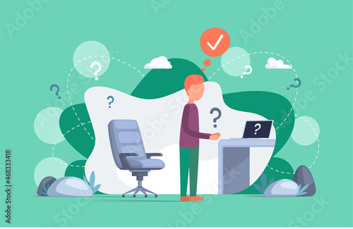 Businessman solving question. Problem Solution. Career success at work, creative project idea. Puzzled employee failing in solving issues. Resourceful office worker, question marks, business challenge