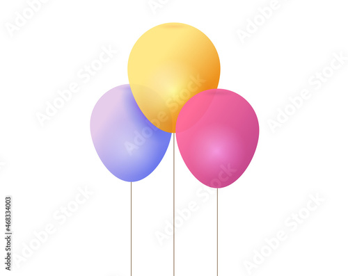 Birthday three balloons icon vector bunch isolated on white background for party celebration 3d illustration, transparent flying helium ballons realistic pink, gold, yellow, purple color
