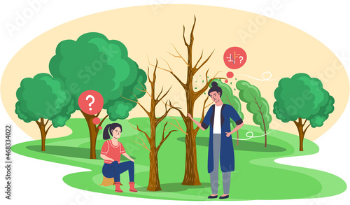Pensive women walking outdoor in park, people ponder looking for answer to question. Cartoon confused characters. Frustrated girls talking making decision. Vulnerable person in doubt making confusion