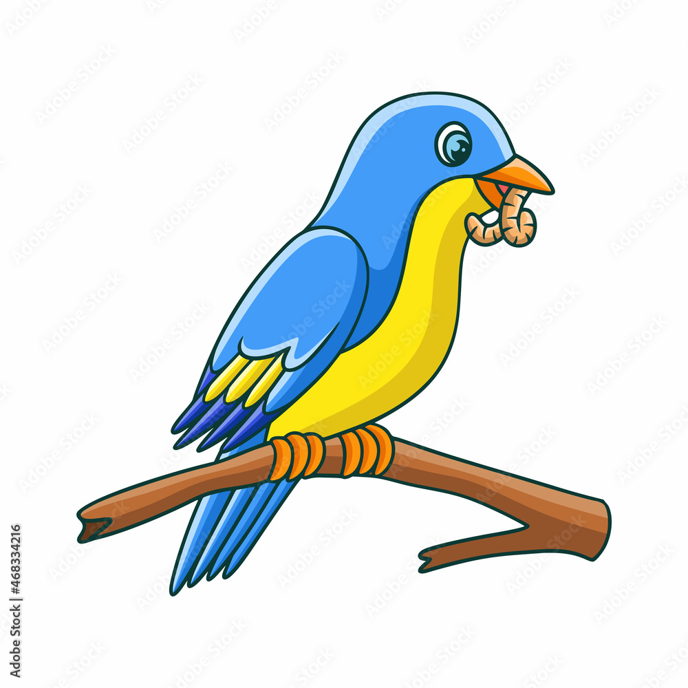 cartoon illustration birds eat their food on tree trunks