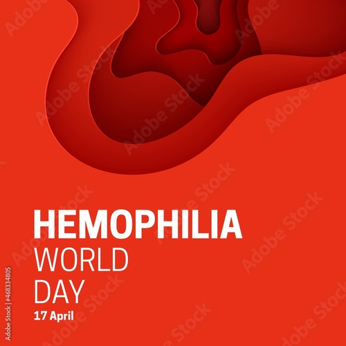 World Hemophiliar Day poster in paper cut style. 3d red background with liquid waves. Vector card illustrations for leukemia or Blood Donor Day concept. Medical health care flyer, inside view artery.