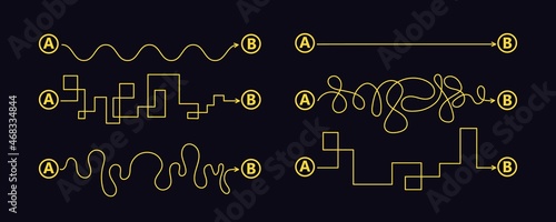 Set of difficult and easy simple way process from start to end. Vector card illustration with path to success outline art concept. The road from point a to point b. Right and wrong way with messy line