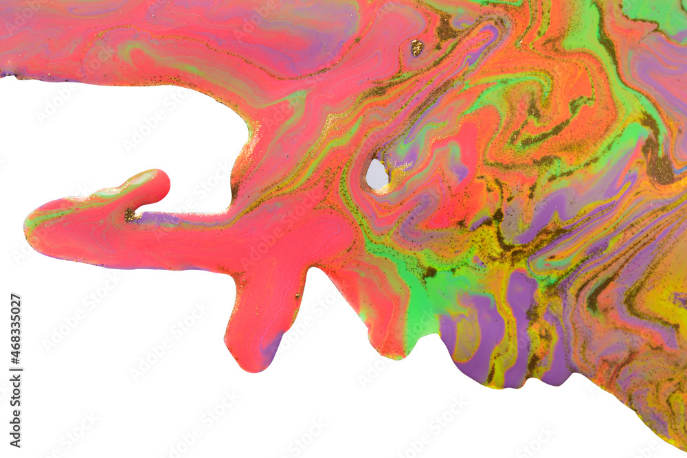 Streams of liquid purple, pink, green and gold inks on white background. Waves of fluid vivid fluid paint.