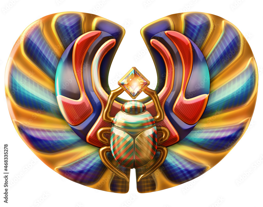 Representation of an Egyptian scarab beetle amulet. The winged beetle was a symbol of renewal and rebirth in ancient Egypt. 3D illustration isolated on white background  - obrazy, fototapety, plakaty 