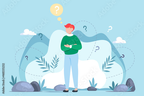 Making confusion. Doubts person surrounded by question marks. Questions dilemma situations. Asking questions. Confused people. Making choice. Being confused. Thinking or make decision. Solving problem