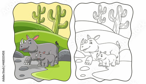 cartoon illustration mother rhino with her cubs walking in the forest book or page for kids