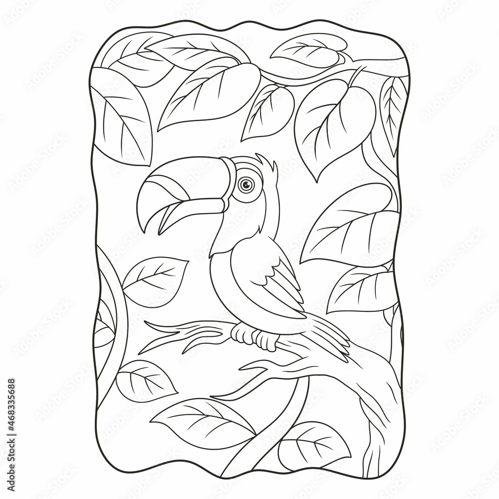 cartoon illustration toucan bird perched on a tall tree trunk book or page for kids black and white cartoon illustration toucan bird perched on a tall tree trunk book or page for kids black and white