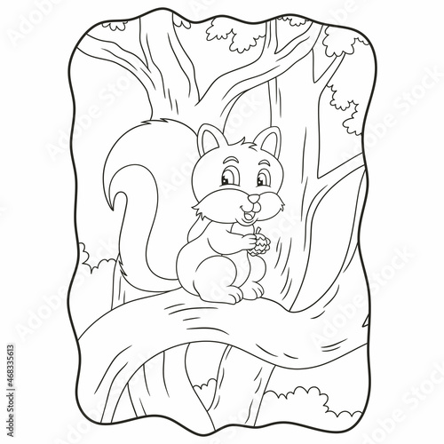 cartoon illustration the squirrel is sitting on a tree trunk in the middle of the forest book or page for kids black and white