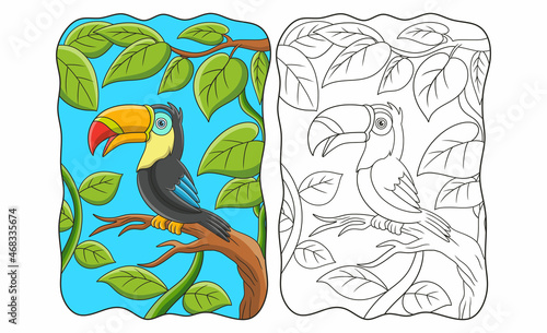 cartoon illustration toucan bird perched on a tall tree trunk book or page for kids