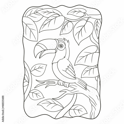 cartoon illustration toucan bird perched on a tall tree trunk book or page for kids black and white