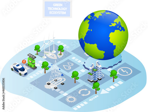 Eco friendly technologies on planet. Environmentally safe power sources. Renewable energy, ecosystem preservation, biofuel production, nature protection. Distribution of electricity, waste recycling