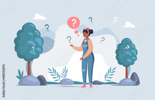 Making confusion. Woman thought about solution to problem, choose options person concept. Career, life and question decision process visualization. Person thinks hesitates to make ones choice