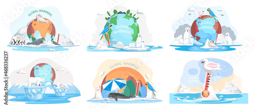 Global warming, environment pollution, global warming heating impact. Change climate. Penguins and polar bear floating on iceberg. World Environment Day, sun ecology. Global warming ice landscape