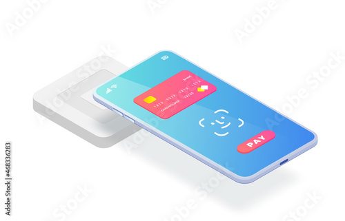 Isometric EMV chip credit card square reader. Secure cashless payment via smartphone face id vector illustration. Wireless NFC EMV technology. Square contactless and chip reader on white background photo