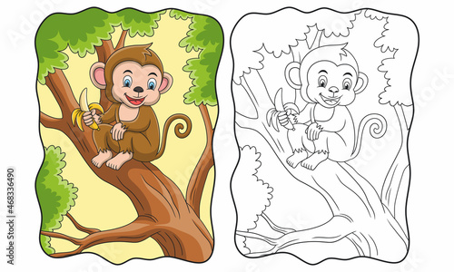 Photography cartoon illustration monkey eating banana on the tree book or page for kids