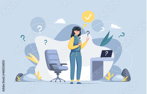 Young pensive woman making confusion looking at question mark. Worried girl thinking about life problem, doing difficult choice, deep in thought. Businesswoman doubts making an important decision