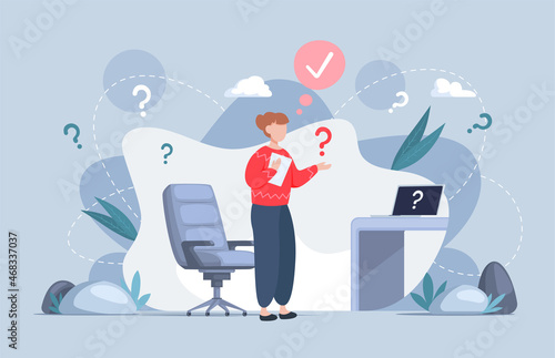 Making confusion. Woman thought about solution to problem, choose options person concept. Career, life and question decision process visualization. Person thinks hesitates to make ones choice