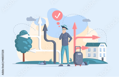 Making confusion choice of path. Man thought about solution to problem choose options person concept. Career, life and question decision. Person traveler with bag thinks hesitates to make ones choice