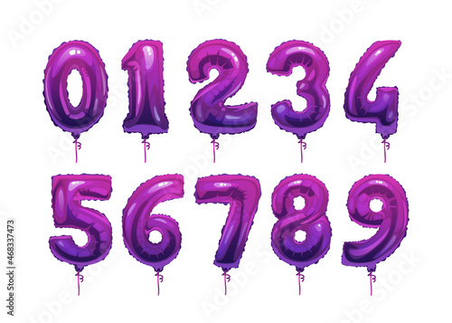 Purple balloons, holiday birthday anniversary years from 0 to 9 isolated cartoon icons. Vector 3d inflatable numbers, decoration elements, 123 ABC numbers, invitations decor 1, 2, 3, 4, 5, 6, 7, 8, 9