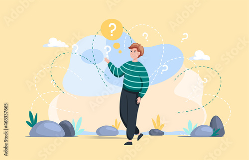 Making confusion. Man thought about solution to problem, choose options person concept. Doubt and struggle about strategy, path direction with symbolic question marks. Search for right answer