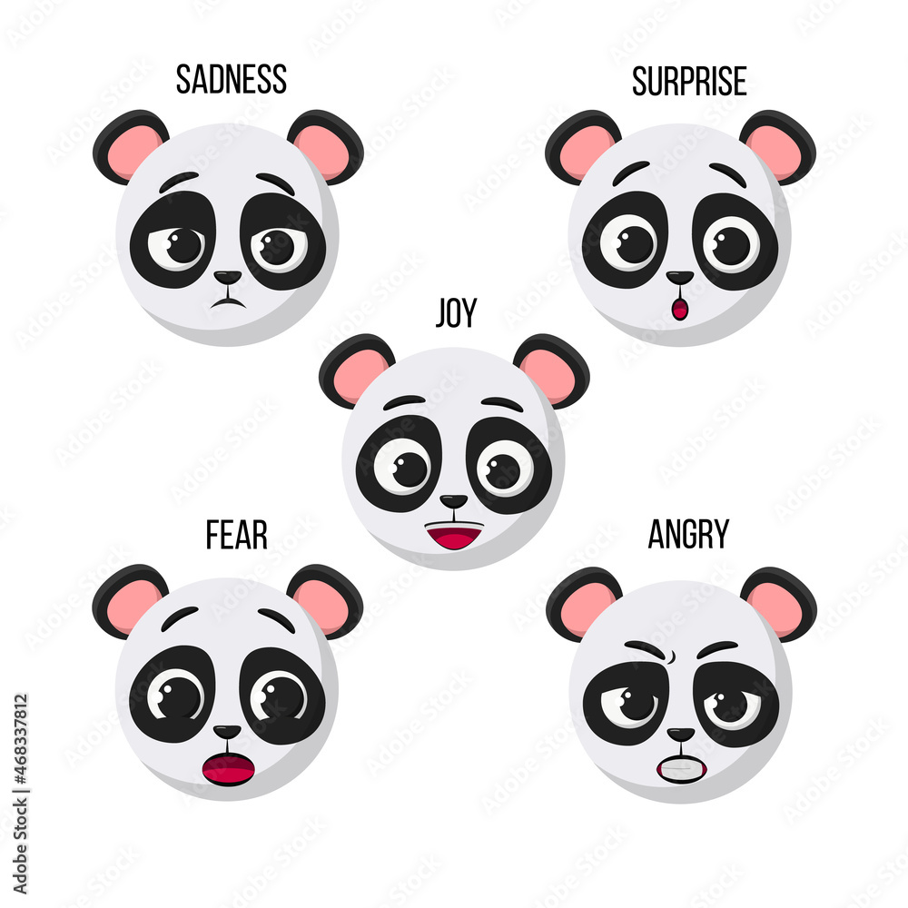 Set of different emoticons of a cute little panda. Vector cartoon illustration isolated on the white background. Joy, sadness, surprise, angry, fear. Clipart for bulletjournal, notebook, apps.