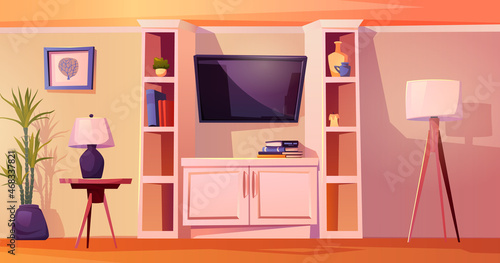 Living room interior TV on wall and bookshelves, potted house plants, picture and table with standard lamp. Vector shelves with vases and books, candle. Television in apartment, stylish accessories