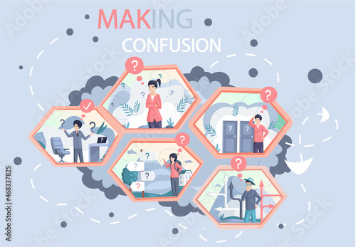 People making decision, solve their doubts, make confusion choose path. Worried person think about problem, doing difficult choice, deep in thought, distrusts, making important solution with question