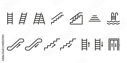 Set of Staircases Line Icon. Climb Up or Go Down on Steps. Stairs Linear Pictogram. Ladder, Elevator, Stairway, Escalator, Pool Stair Outline Icon. Editable Stroke. Isolated Vector Illustration