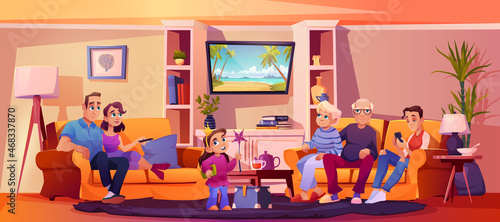 Big family on couch watching tv and talking, weekend leisure together at home, flat cartoon illustration. Vector parents and grandparents, teenager with smartphone, child playing in little princess