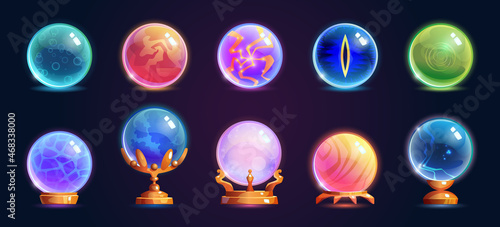 Glass ball magic crystal with golden stand isolated cartoon magical objects set. Vector multicolor glass spheres standing on wooden base. Fragile balloons of sorcerers fortune-tellers, esoteric cult