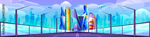 Futuristic cityscape with unusual glass buildings and road. Modern architecture towers and skyscrapers. Future city with highway, flying town parts. Cartoon vector alien urban landscape design.