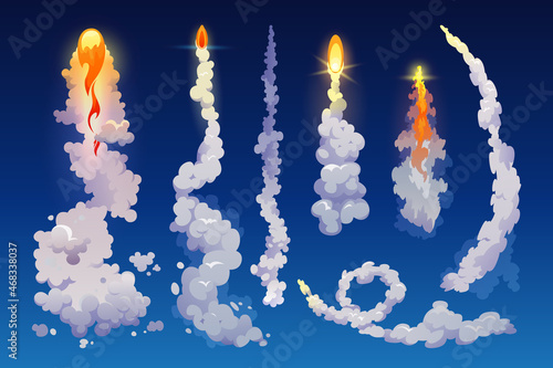 Rocket trail fire smoke isolated on blue. Vector realistic spacecraft startup launch elements. Jet firing flames, airplane shuttle contrails, plane jets track and aircraft aviation fly spaceship steam