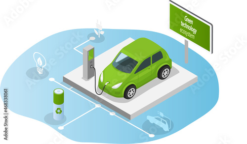 Electric car charging at charger station. Refueling car with environmentally friendly fuel. Use of biofuels, alternative energy sources. Ecological consumption for fiber technology production