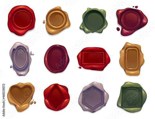Realistic wax stamps isolated cartoon icons set. Vector envelope multicolor seals, postmark cachet and retro security postage certificate, post office mark with droplets. Rubber confidential waxseal