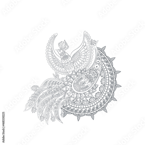Flying Bird and Floral Paisley isolated. Card with paisley isolated for design. Floral vector pattern. Embroidery floral vector pattern