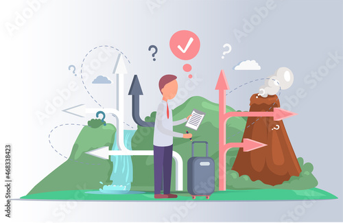 Making confusion choice of path. Man thought about solution to problem choose options person concept. Career, life and question decision. Person traveler with bag thinks hesitates to make ones choice