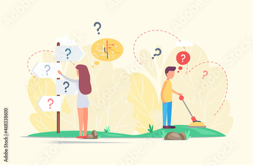 Making confusion, choice decision. People think about solution to problem, toggles switch handle. Doubt and struggle about strategy, path direction with question marks. Search for right answer