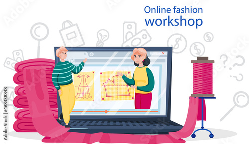 Online fashion workshop. Seamstress or tailor distance education platform. Professional master sewing clothes. Creative atelier profession. Teacher explains pattern on laptop screen to female student