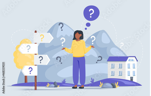 Young pensive woman making decision looking at question mark. Worried girl thinking about problem doing difficult choice deep in thought. Making confusion. Puzzled girl think about solution to matter