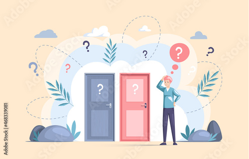 Making confusion. Man think about solution to problem, chooses which door to open. Doubt and struggle about strategy, path direction with symbolic question marks. Search for right answer, dilemma