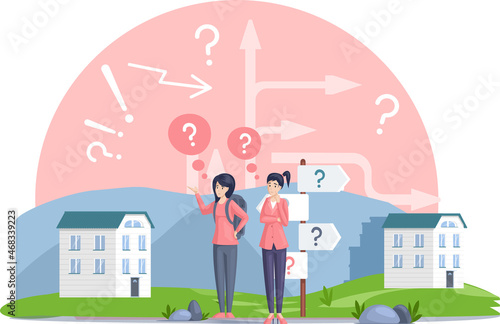 Making confusion. Pensive girl thought about solution to problem choose right answer consults with friend. Career life and question decision process. Person thinks, given by thought to find one choice