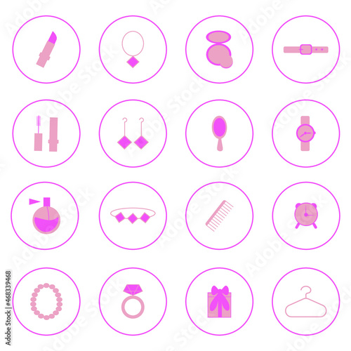 Set of makeup and jewelry accessories  icons in pink colour 