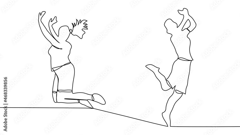 continuous line drawing of four jumping happy team members