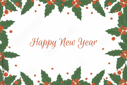 Frame from holly leaves and berries isolated on white background with greetings. Vector illustration for New Year holiday in cartoon style