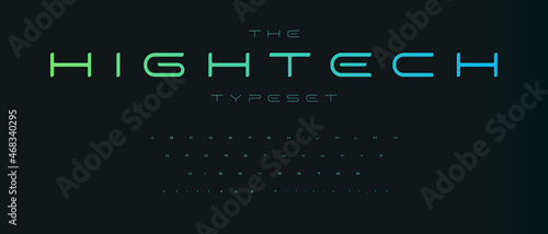 Expanded futuristic font, thin wide alphabet. High tech typeset for headline and logo of hud, ai, data science graphic, sci-fi, science and medical technology, digital interface. Vector typography