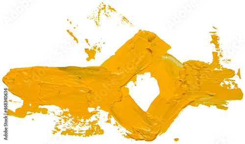 Strokes of yellow brush oil paint forming rhombus rey shape with area for the inscription. Abstract varnish splash trace shape. Glossy oil paint smear on white background. EPS10 vector illustration.