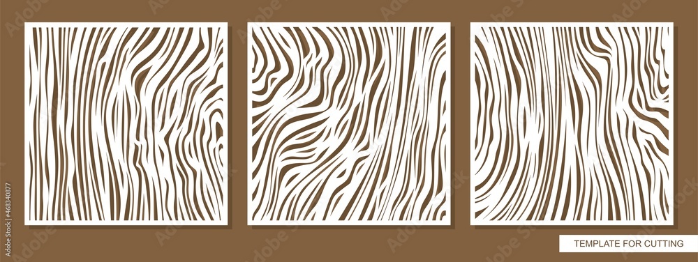 Set of decorative square panels with a carved pattern. Abstract ornament of uneven lines, waves, stripes. Wood texture. Template for plotter laser cutting of paper, metal engraving, wood carving, cnc.