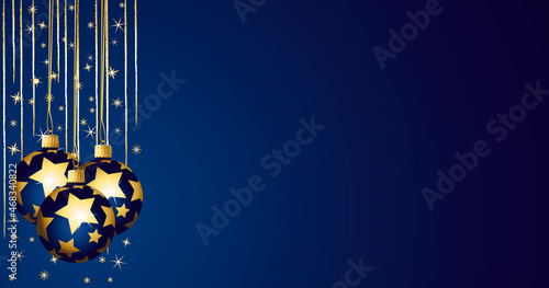 Golden and blue christmas ornaments banner. Vector illustration.