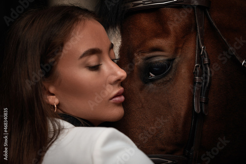 portrait beautiful woman long hair next horse