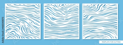 Set of decorative square panels with a carved pattern. Abstract ornament of uneven lines, waves, stripes. Sea texture. Template for plotter laser cutting of paper, metal engraving, wood carving, cnc.